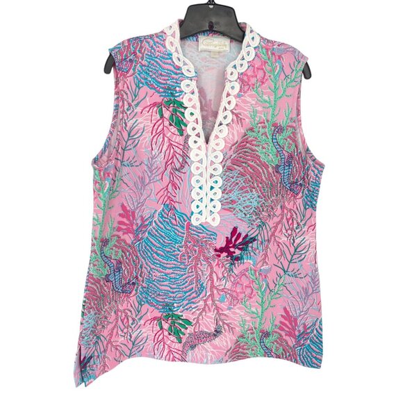 Pappagallo Womens L Sleeveless Tunic Tank Top VNeck Pink Sea Coral Seahorse Reef - Picture 11 of 11